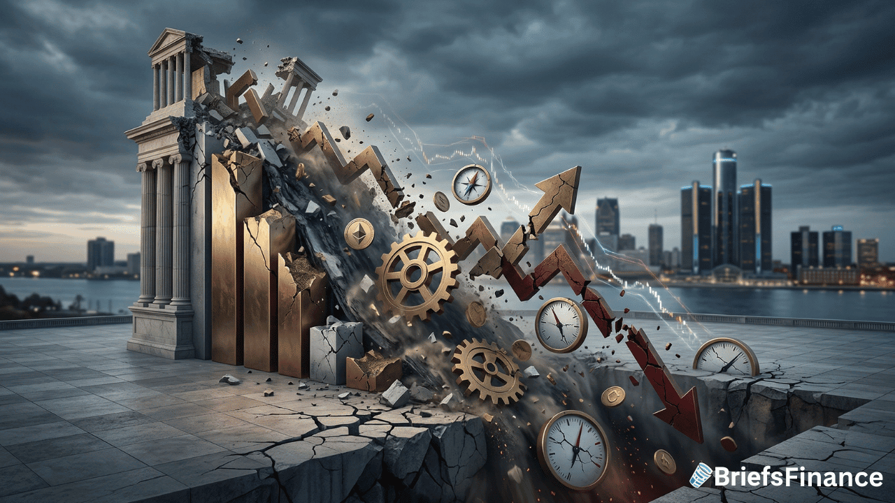 A crumbling classical building with gears, clocks, and red arrows falling, set against a modern city skyline, symbolizes the Dow entering correction territory and hints at financial collapse.