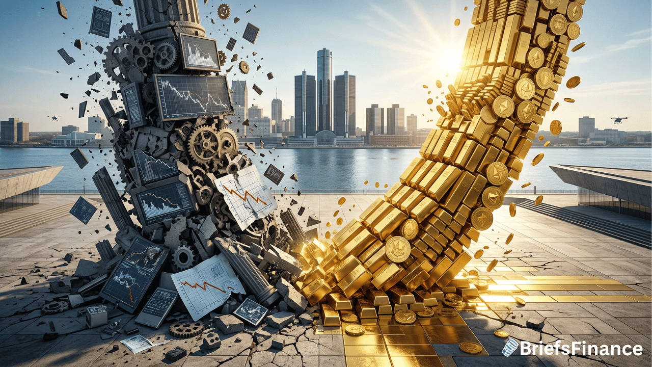 Two pillars—one of gears and falling stock charts, the other of gold bars and coins—stand by a waterfront with a city skyline, symbolizing how stocks and gold reflect the market’s best years.
