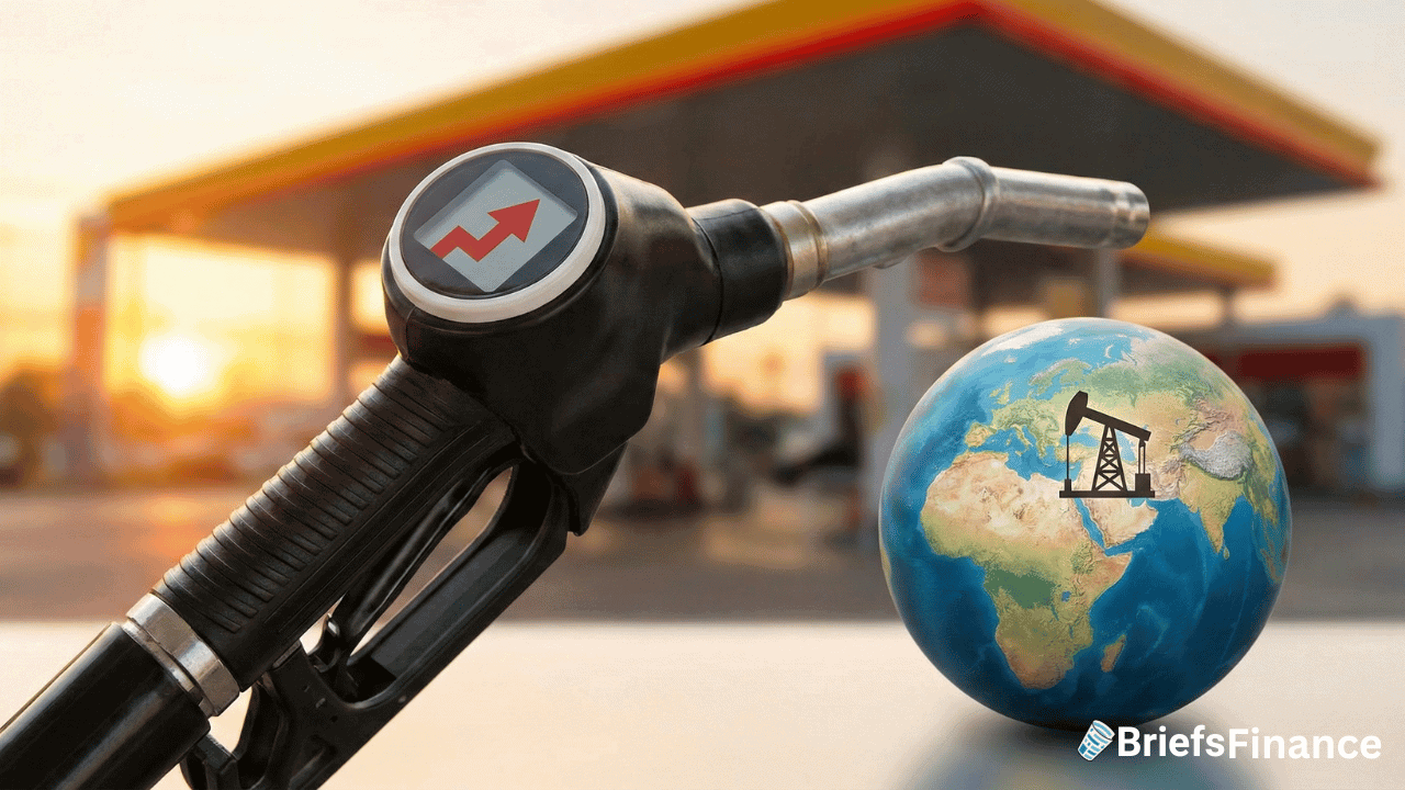 A fuel pump nozzle points toward a globe with an oil rig icon, set against a blurry gas station background, symbolizing the recent price jump in global oil prices driven by Middle East tensions.