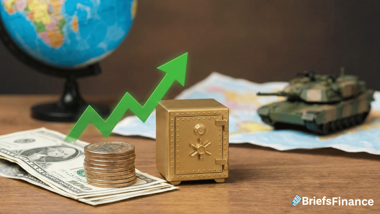 Stack of cash and coins, a gold safe, a rising green arrow, a globe, and a toy tank on a map—illustrating how your portfolio could grow by $5,400; BriefsFinance logo in the corner.