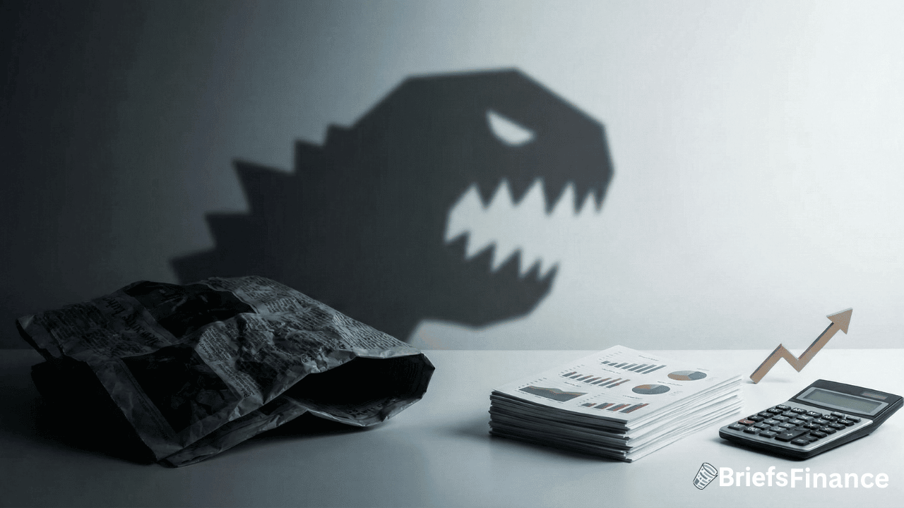 A crumpled newspaper with an inflation headline casts a dinosaur-shaped shadow beside financial reports, a calculator, and an upward arrow, symbolizing market fears.