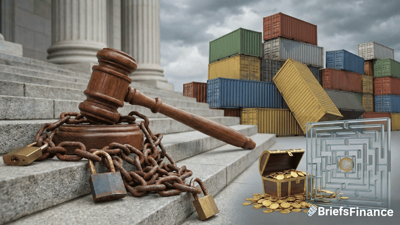 A judge's gavel with chains, shipping containers, a treasure chest with gold coins symbolizing Tariff Refunds, a metal maze, and the BriefsFinance logo, all arranged on Supreme Court steps under cloudy skies.