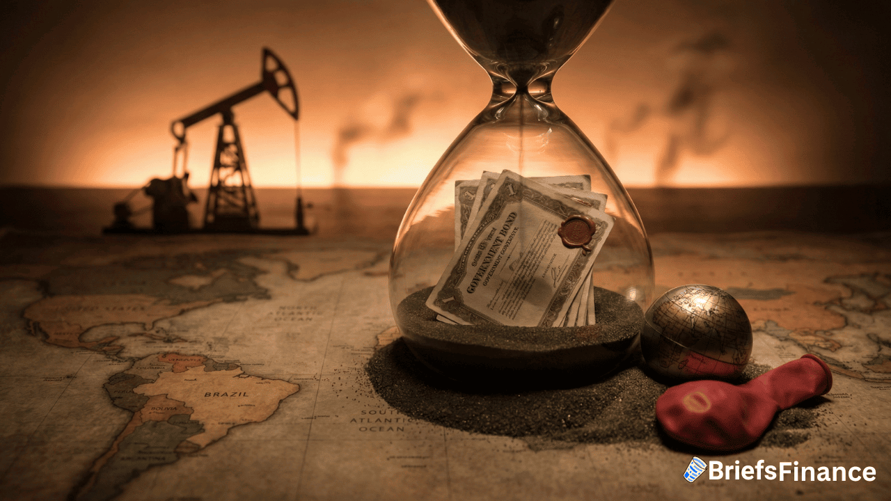 Hourglass with certificates inside, sand, a globe, and a deflated red balloon on a world map symbolize shifting Investment landscapes; oil pump jack silhouette in background. BriefsFinance logo is in the bottom right corner.