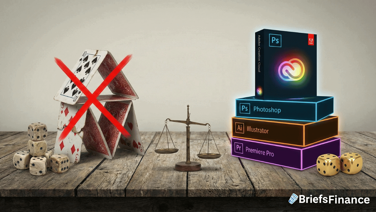 A crossed-out house of cards symbolizes the unstable housing market on the left, with a balanced scale in the center and stacked Adobe software boxes on the right. Dice rest on the table, alongside the BriefsFinance logo in the corner.