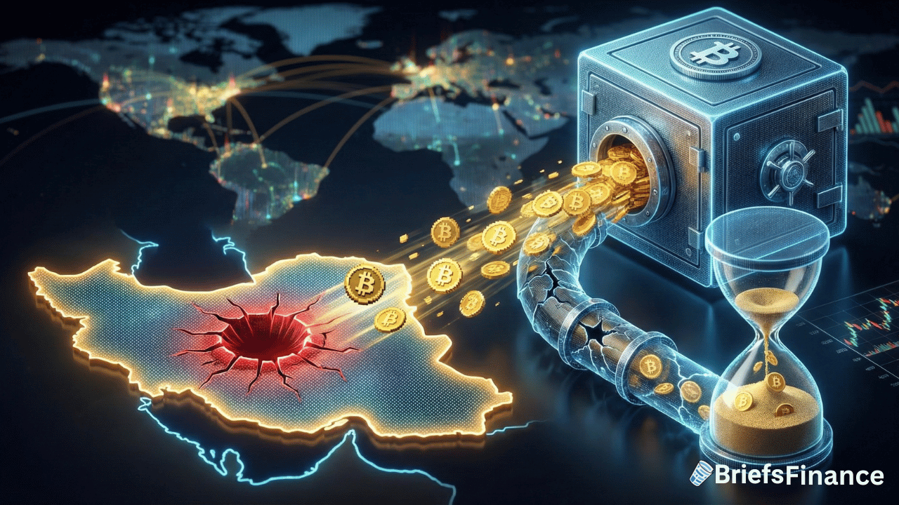 Illustration of bitcoin coins flowing from a glowing map of Iran into a digital safe, with a world map and hourglass in the background, symbolizing how $2.8 million an hour moves through Iran crypto exchange networks.