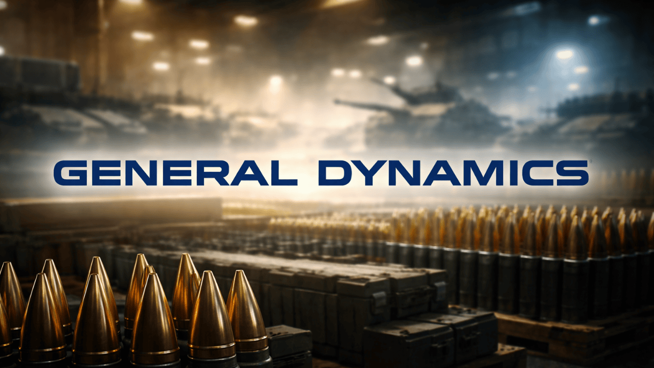 Rows of large ammunition shells and crates in a warehouse with tanks in the background; "General Dynamics" text overlaid in bold letters.