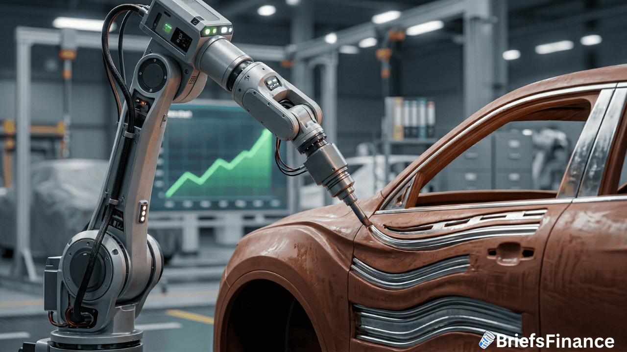 A robotic arm assembles a Mercedes in an Alabama factory; a computer screen in the background displays an upward-trending graph, highlighting the $4 billion investment in advanced automotive technology.