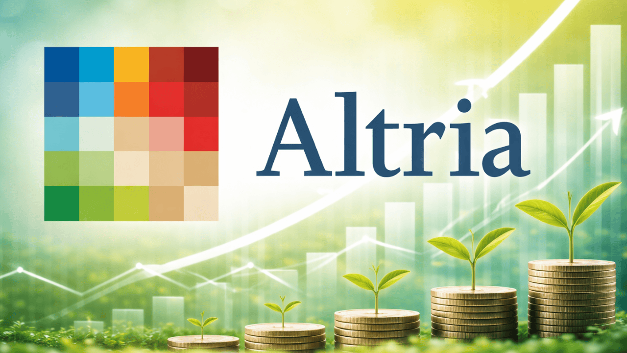 Altria logo with stacked coins and growing plants in front of upward financial chart, symbolizing financial growth and investment.