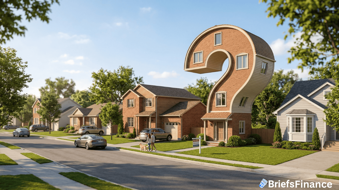 A suburban street with typical houses, except one house is shaped like a large question mark; a family stands outside and a "For Sale" sign highlights quirky real estate among the homes in Memphis.