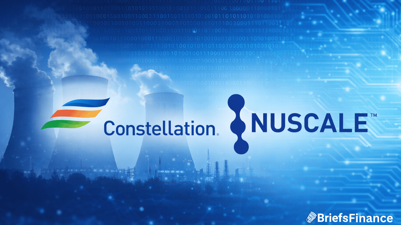 Logos of Constellation and NuScale over a backdrop of cooling towers emitting steam, with a digital binary pattern overlay and BriefsFinance logo in the corner.