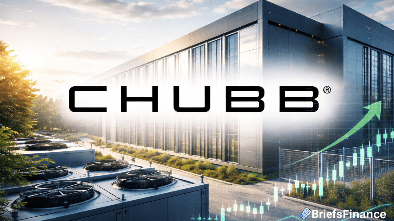 CHUBB logo over a modern building with HVAC units outside; a green upward arrow and stock chart indicate financial growth. BriefsFinance logo in the corner.