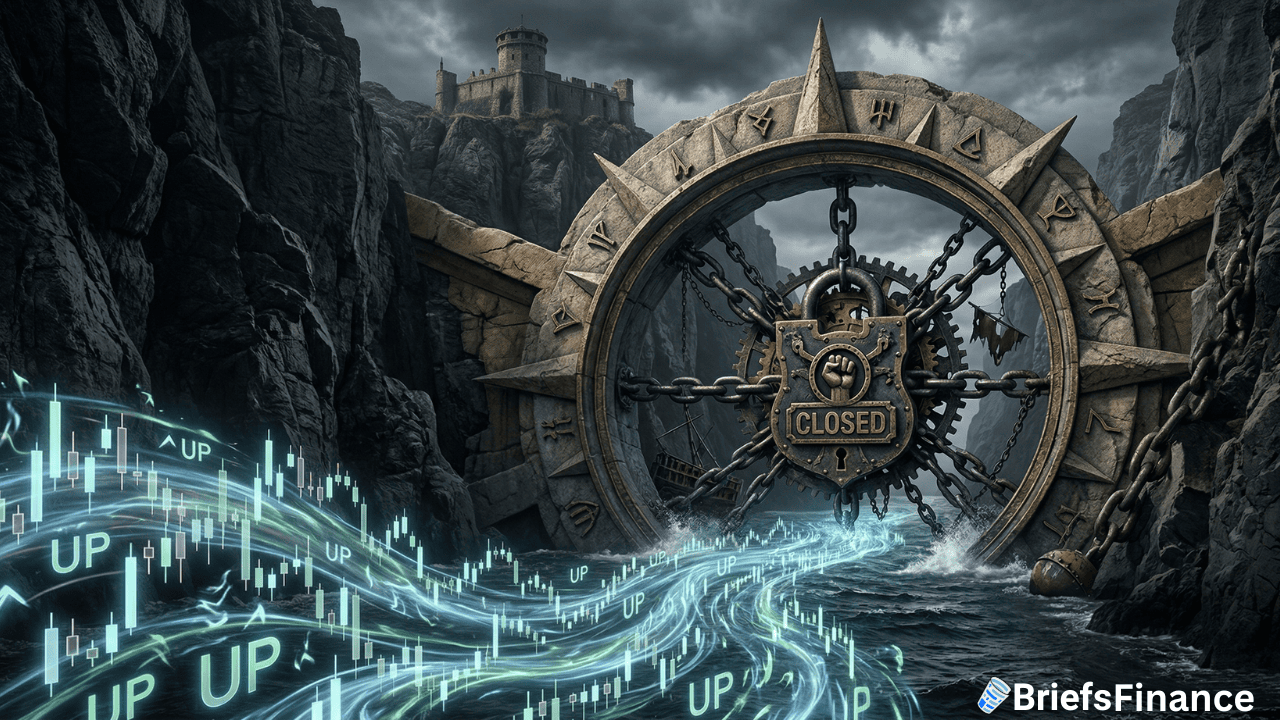 A massive locked gate labeled "Closed" blocks a river between rocky cliffs, with Wall Street financial graphs and "UP" arrows flowing toward it; a castle stands on the cliffs above, sending out Peace Signals across the Strait of Hormuz.