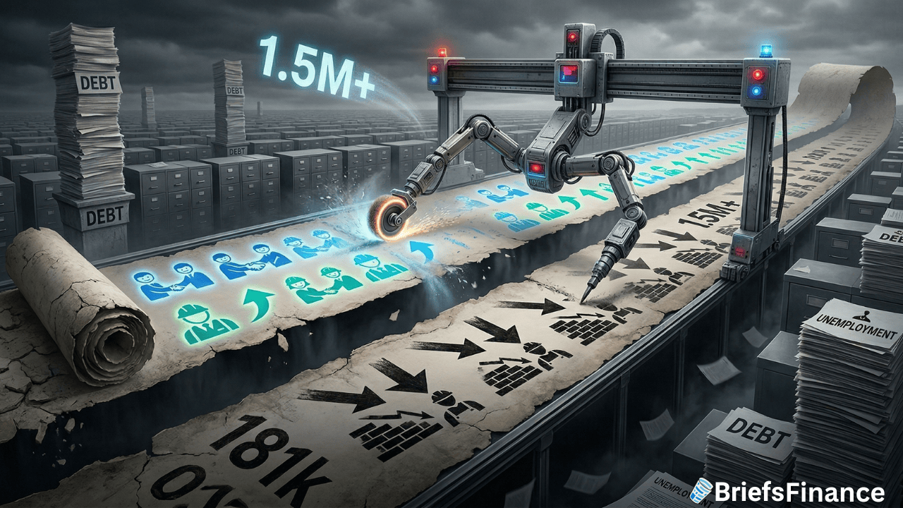 A robotic arm processes digital icons of people on a conveyor belt labeled with job figures, surrounded by stacks labeled "debt" and "unemployment," highlighting the final numbers shaping America's job market.