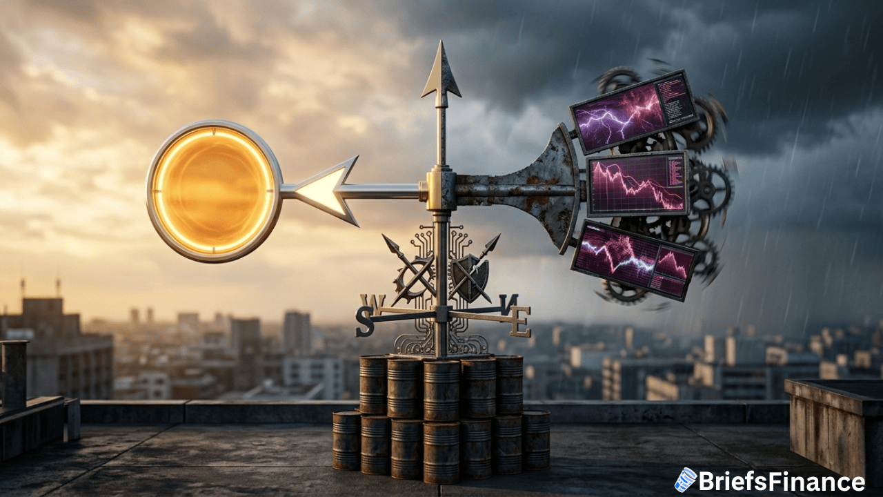 A weather vane with a coin and spinning screens showing stock charts stands on barrels atop a city rooftop under a cloudy sky, reflecting the uncertainty of oil prices.