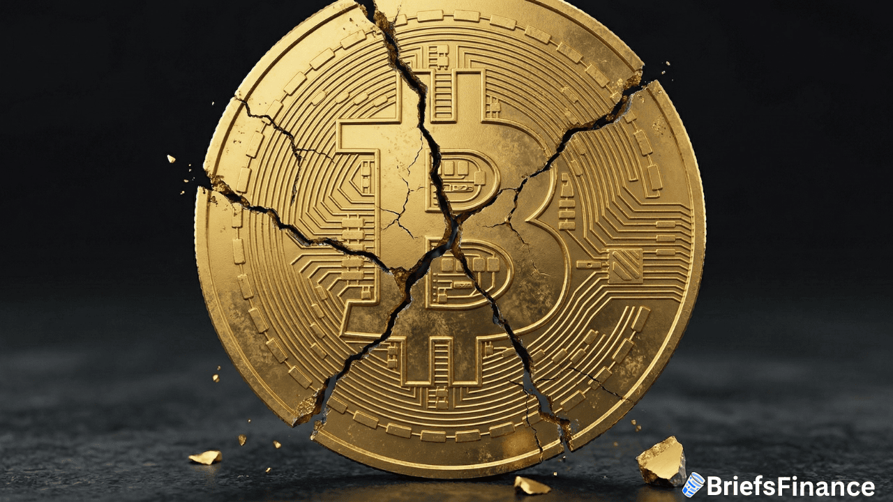 A large gold Bitcoin token is shown cracked into several pieces against a dark background, reflecting a recent Bitcoin pull back, with a BriefsFinance logo in the bottom right corner.