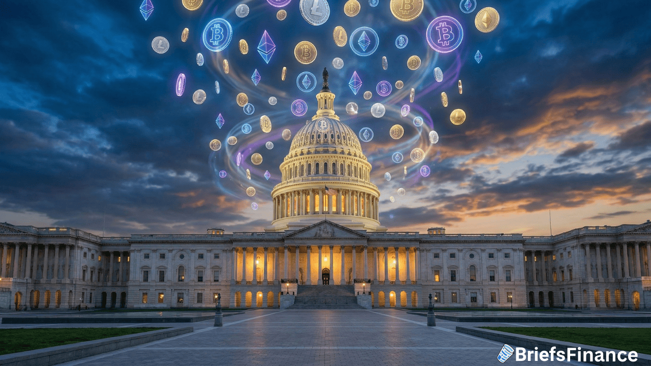 The U.S. Capitol building at dusk with various cryptocurrency symbols floating above it, representing digital assets and Congress’s consideration of the Crypto Clear Act.