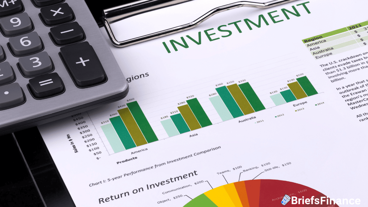 A financial report labeled "Investment" on a clipboard, showing bar charts, a pie chart, a calculator, and the BriefsFinance logo.