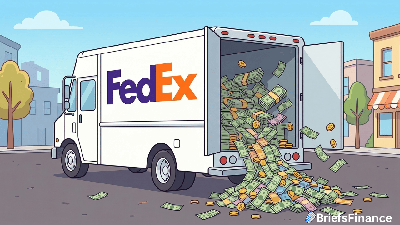 A FedEx truck is parked with its back open, and cash and coins are spilling out onto the street, hinting at the company’s impressive financial performance after its best quarter yet.