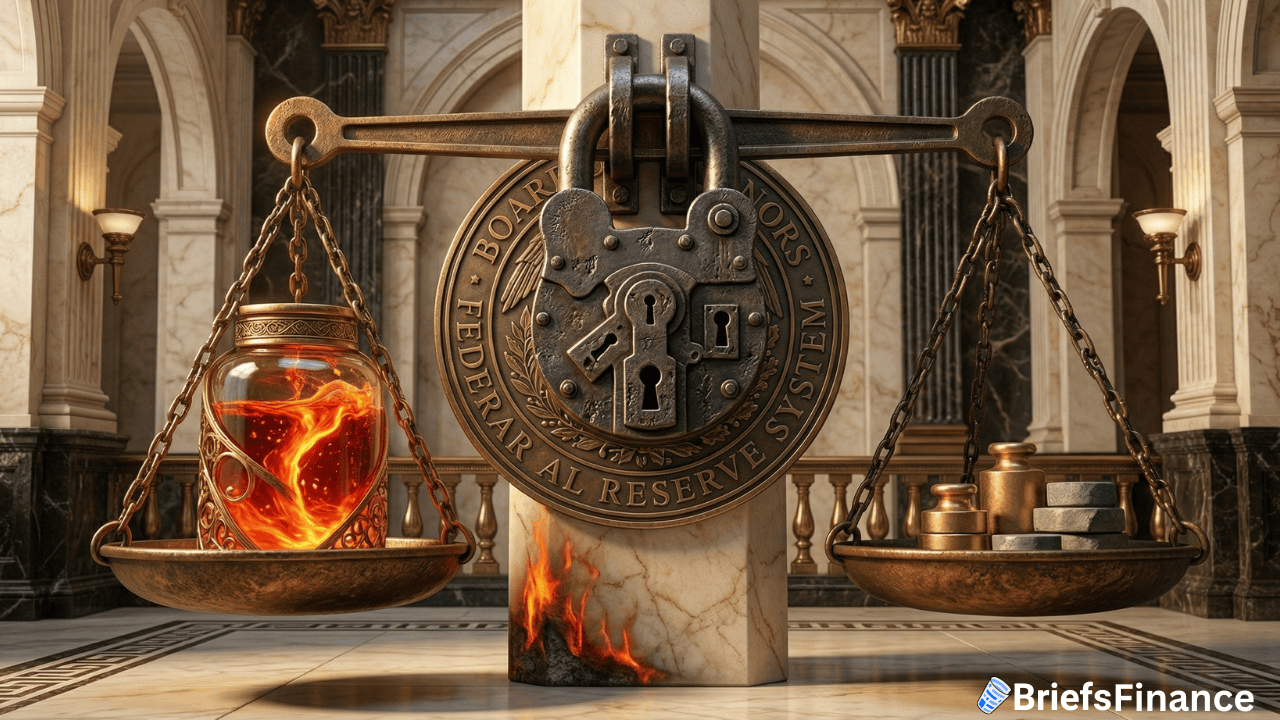 A large balance scale with a jar of swirling lava on one side and stacks of gold bars on the other, set in a grand marble hall with a Federal Reserve plaque—a dramatic scene symbolizing Fed rate hikes impacting global stability.