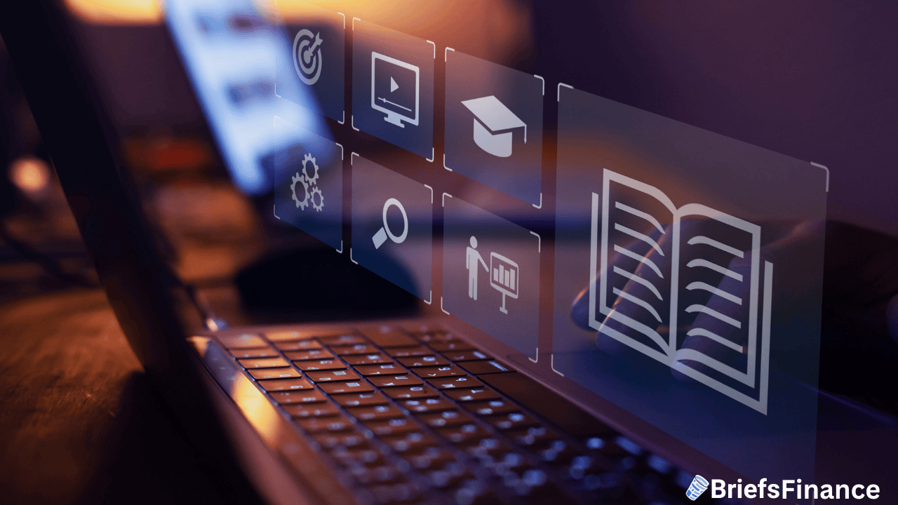 A close-up of a laptop keyboard with transparent digital icons for education, training, and technology overlayed on the screen. "BriefsFinance" logo appears in the bottom right corner.