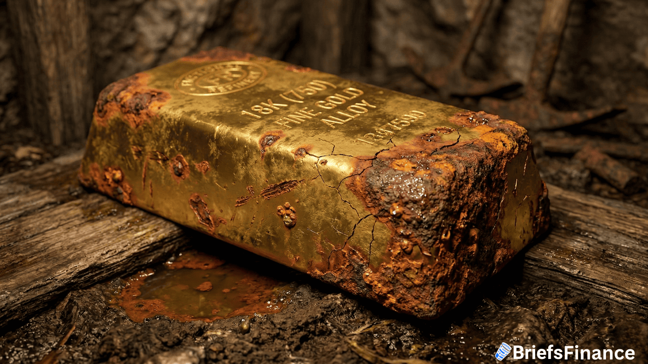 A large, partially corroded gold bar marked “FINE GOLD ALLOY” rests on a wooden surface in a dim, rustic setting—a silent witness to the worst week for gold in a decade.