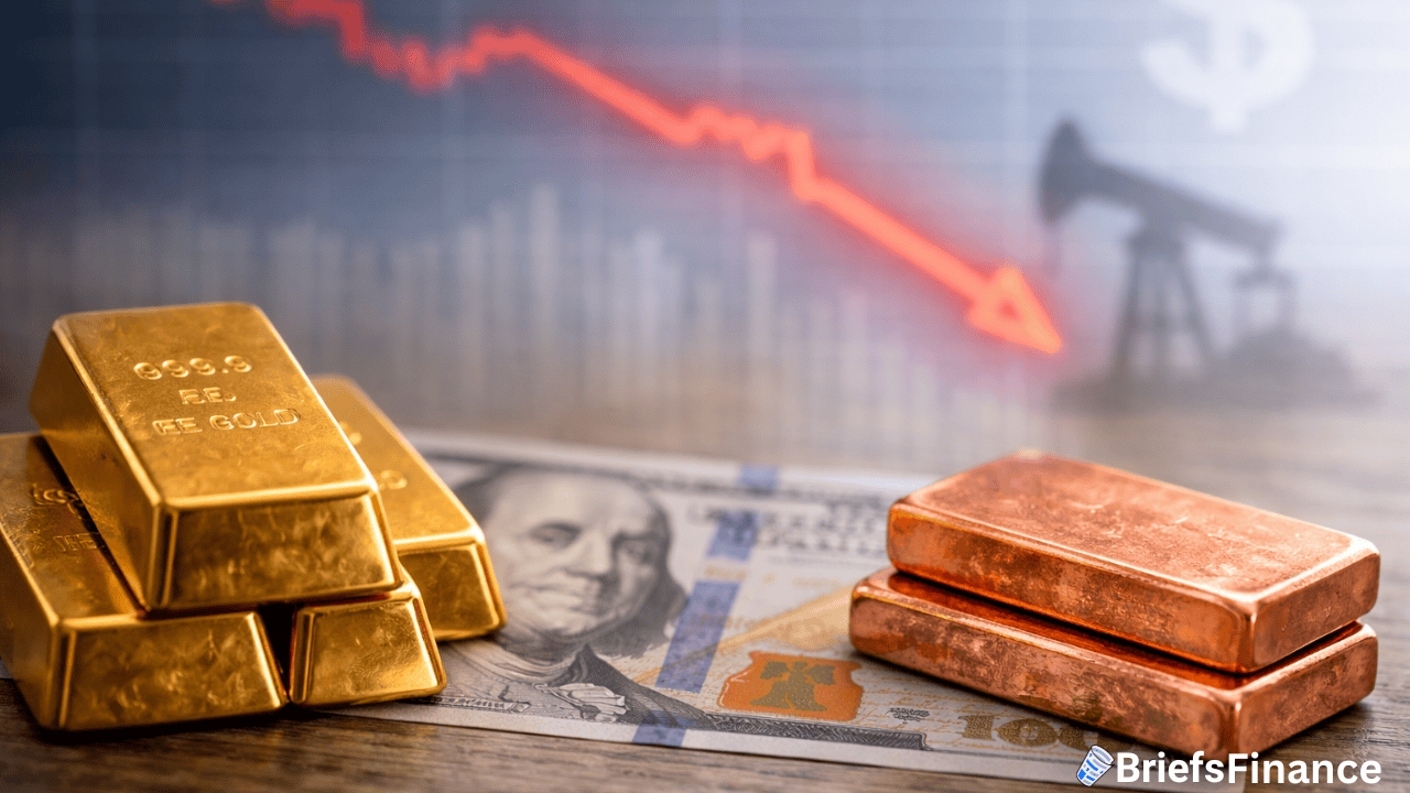 Gold bars, copper ingots, and a US $100 bill in the foreground; a downward trending red stock chart and oil pump silhouette in the background illustrate how metals fell during the market’s worst day.