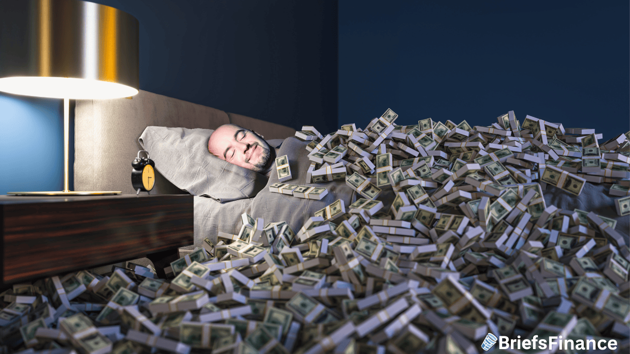 A man sleeps in bed covered with large stacks of cash, next to a lamp and alarm clock; BriefsFinance logo is in the corner.