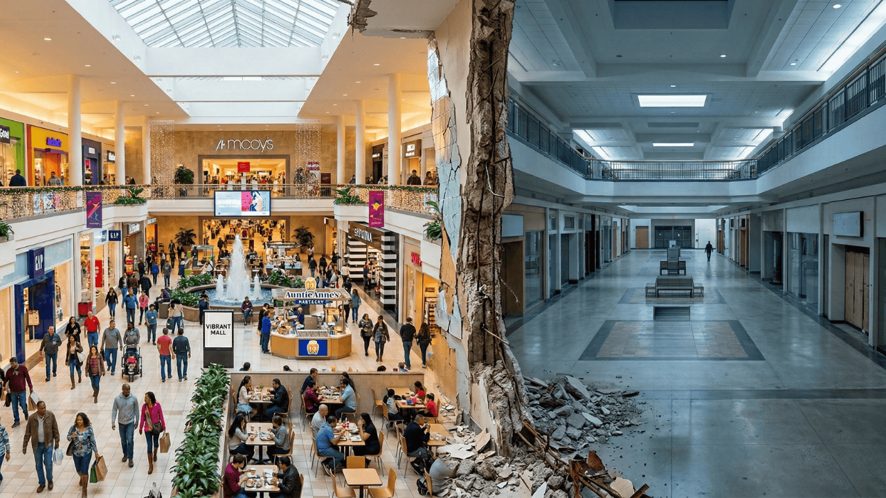 A split image shows a bustling, crowded mall on the left, raking in cash, while the right side reveals an abandoned mall interior hinting at a money problem.