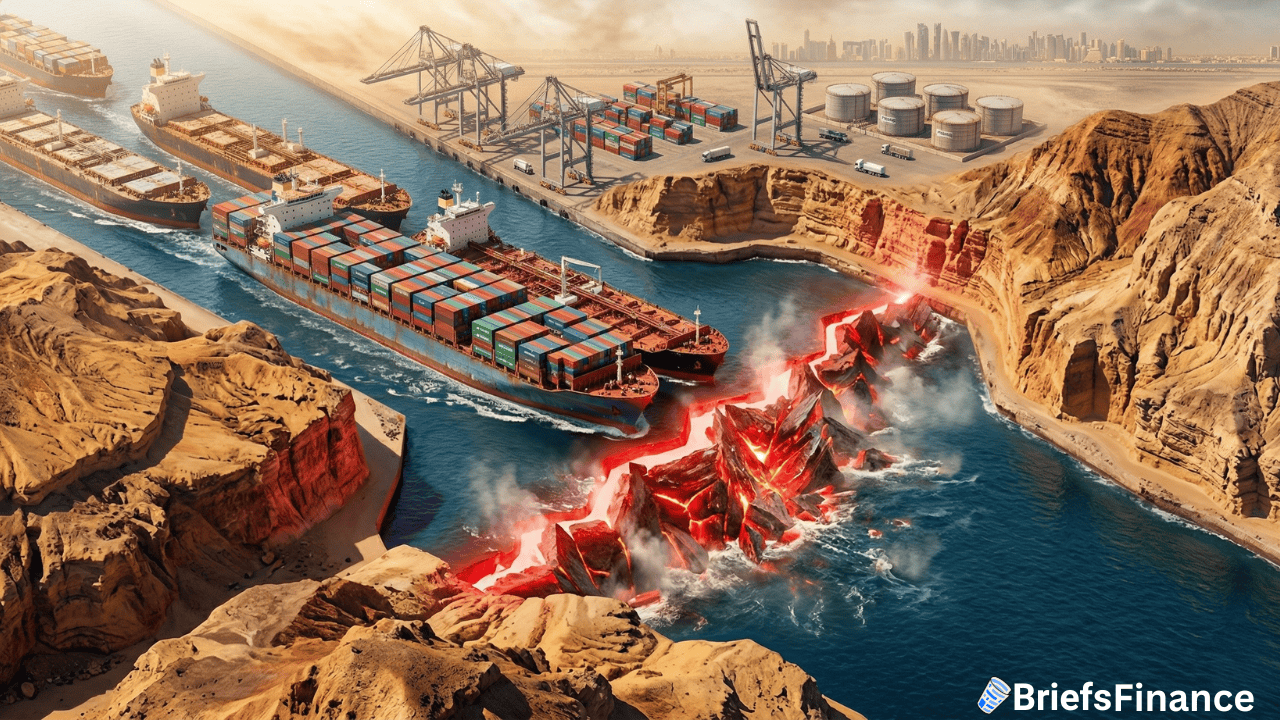 Cargo ships, operated by major oil shippers, navigate a canal obstructed by a dramatic, glowing red crack in the earth, with a port, cranes, and storage tanks looming in the background as higher oil prices shape global trade.