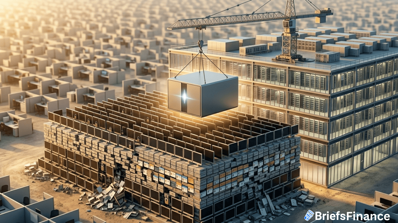 A crane places a large cube onto a damaged, cube-structured building—symbolizing AI-driven change—surrounded by many similar cubic buildings; BriefsFinance logo in lower right corner.