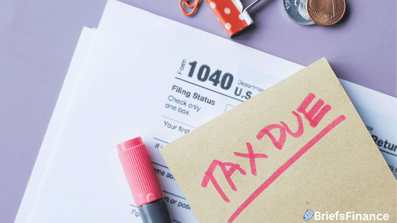 1040 tax form with a “TAX DUE” note, a red marker, paperclip, and coins on a light purple surface.