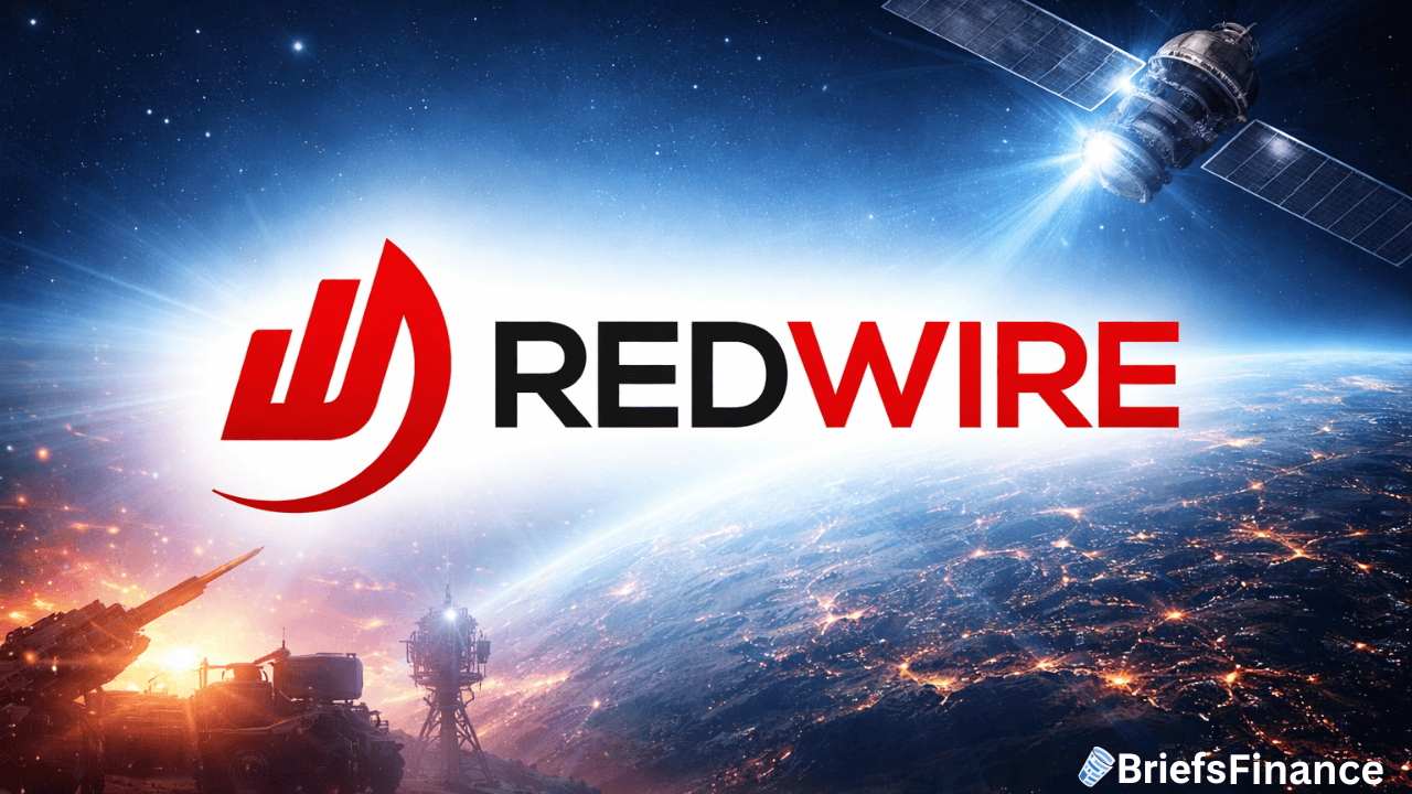 Redwire logo centered over an image of Earth from space, with a satellite, sunrise, and silhouettes of technology on the surface; BriefsFinance logo in the corner.
