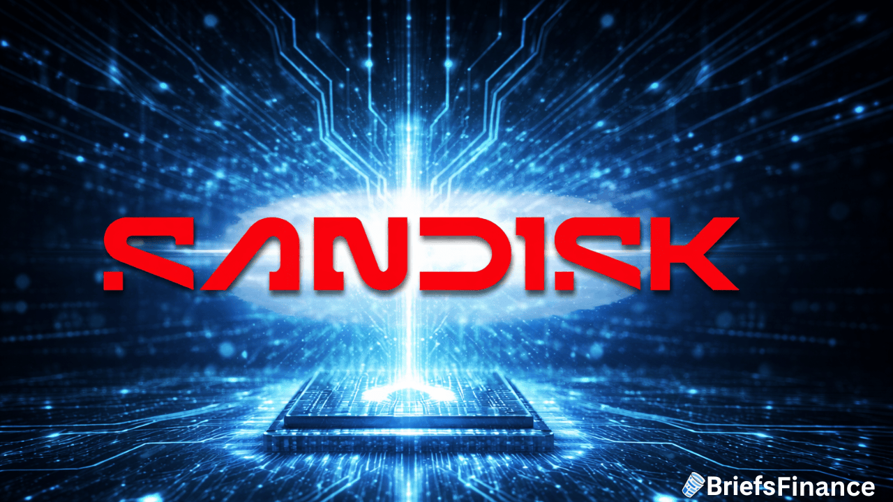 The SanDisk logo in red appears over a digital microchip graphic with blue circuits and light effects; BriefsFinance logo in the bottom right corner.