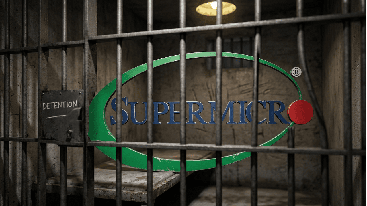 A jail cell with a “DETENTION” sign on the wall, an empty bed, and the Supermicro logo—highlighting its ties to China—superimposed over the bars.