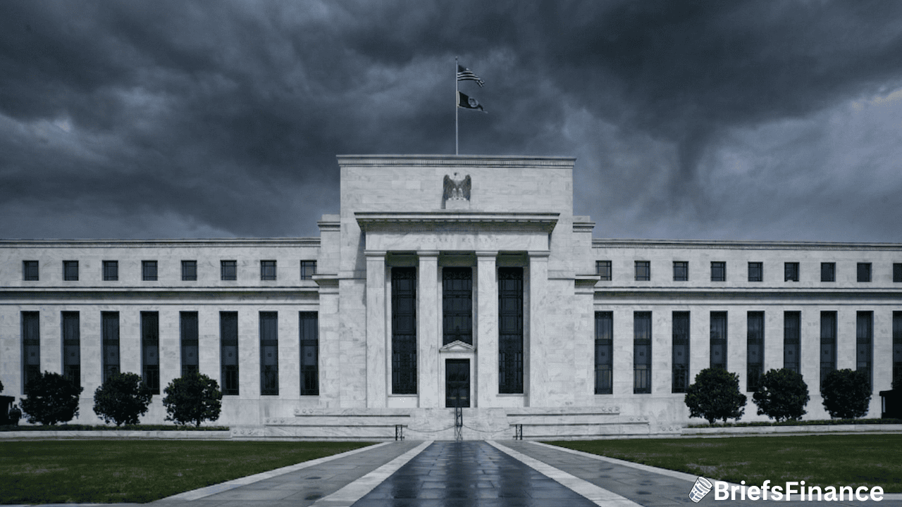 A large, white stone government building with columns, dark windows, and two flags on top stands against a stormy sky—symbolizing debates over Fed rates cuts and Bowman’s cautious outlook.