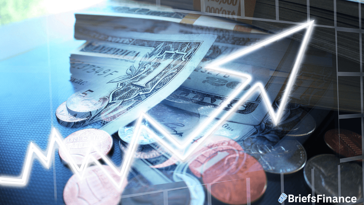 Various US dollar bills and coins overlaid with an upward arrow graphic, representing financial growth, with the BriefsFinance logo in the corner.