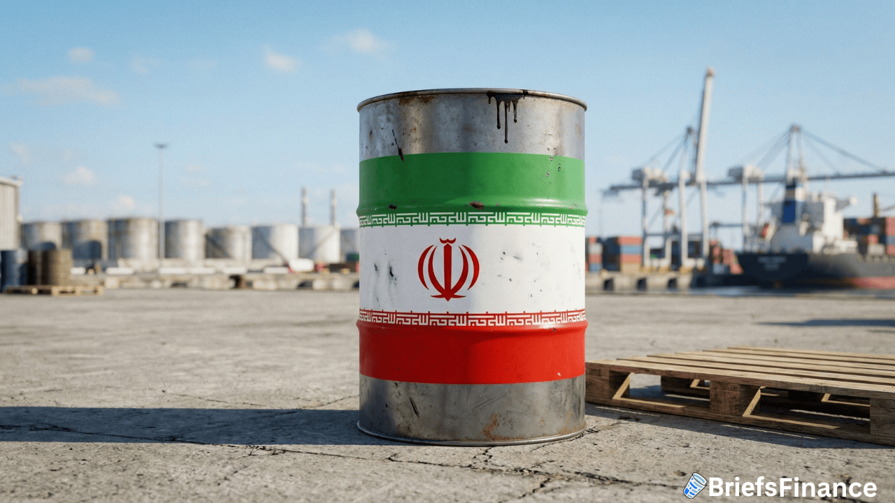 A metal oil barrel painted with the Iranian flag stands on a concrete surface in an industrial port area, hinting at the impact of U.S. sanctions, with shipping containers and a cargo ship in the background.
