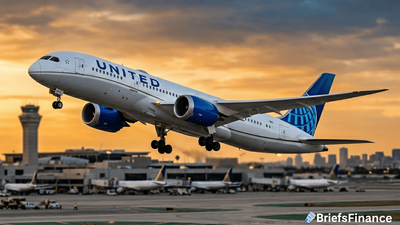 A United jet takes off from an airport runway at sunset, with an air traffic control tower, other planes, and busy flights in the background.