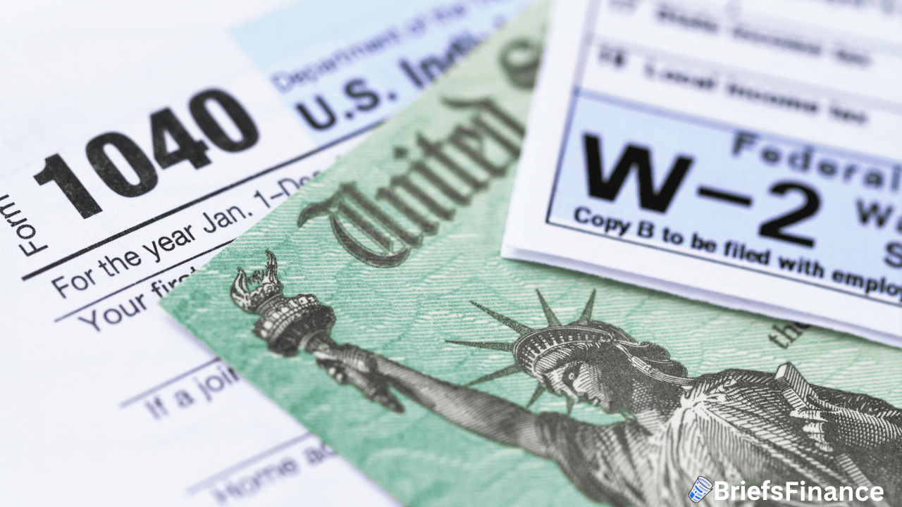 Close-up of a U.S. 1040 tax form, W-2 wage statement, and part of a U.S. Treasury check.