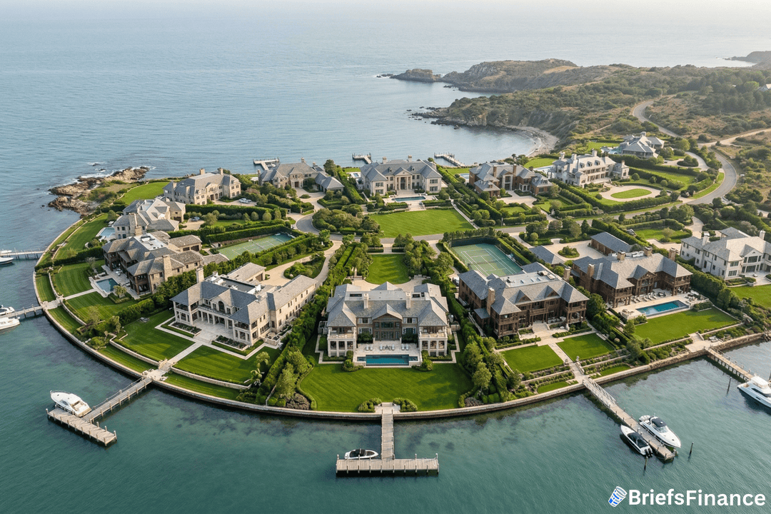 Aerial view of a circular waterfront estate with multiple large houses, manicured lawns, private docks, and boats, surrounded by the ocean and coastal landscape.