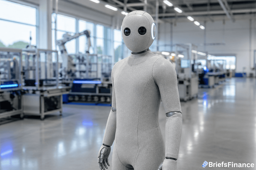 A humanoid robot stands in a modern industrial facility with robotic equipment in the background.