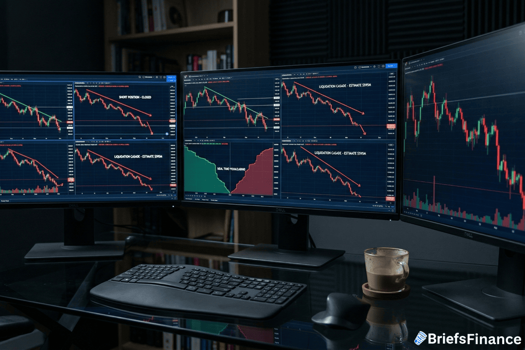 Three monitors display multiple declining stock market charts on a desk with a keyboard, mouse, and an empty glass mug. The BriefsFinance logo appears in the lower right corner.