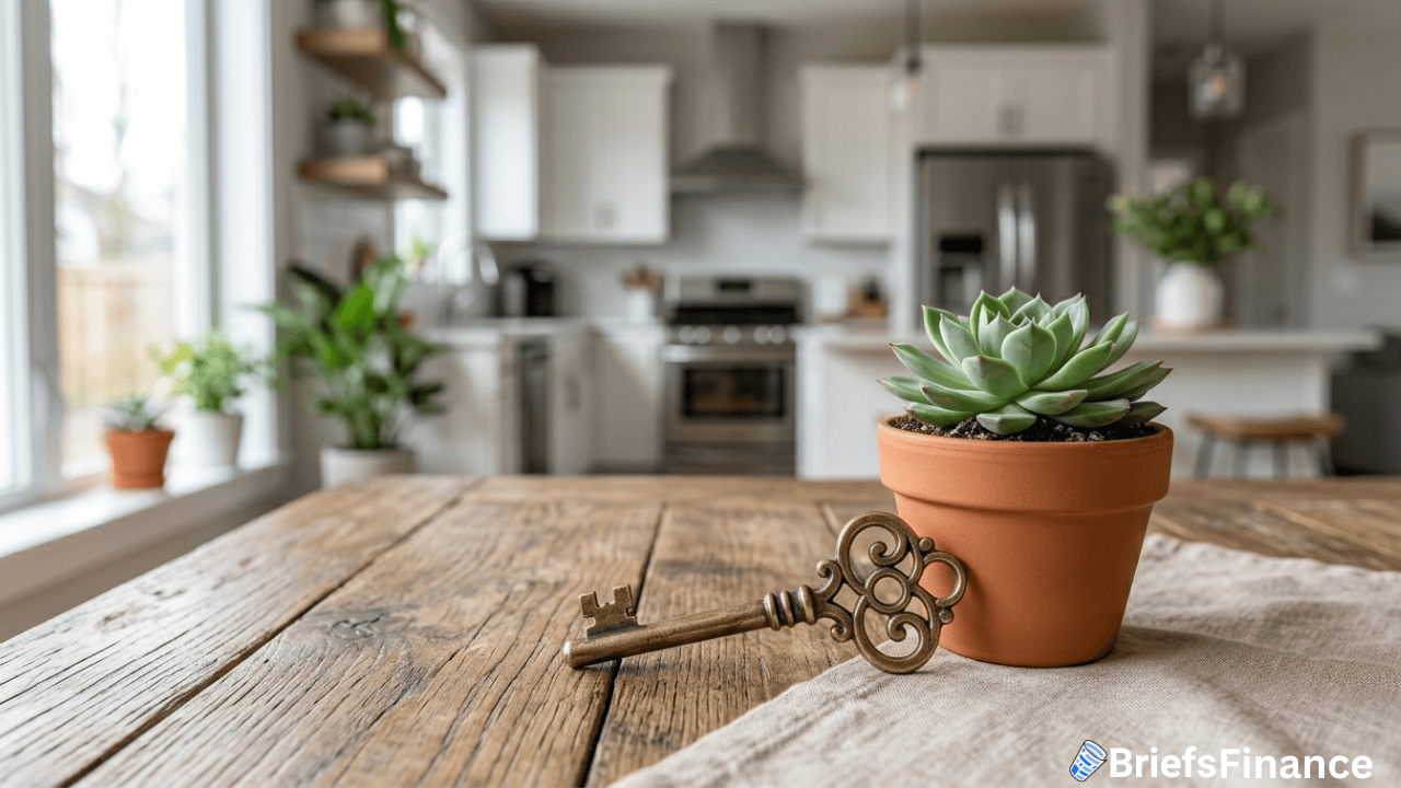 A potted succulent and an ornate key rest on a wooden table in a bright, modern kitchen—a subtle nod to rising home prices in today's vibrant housing market.