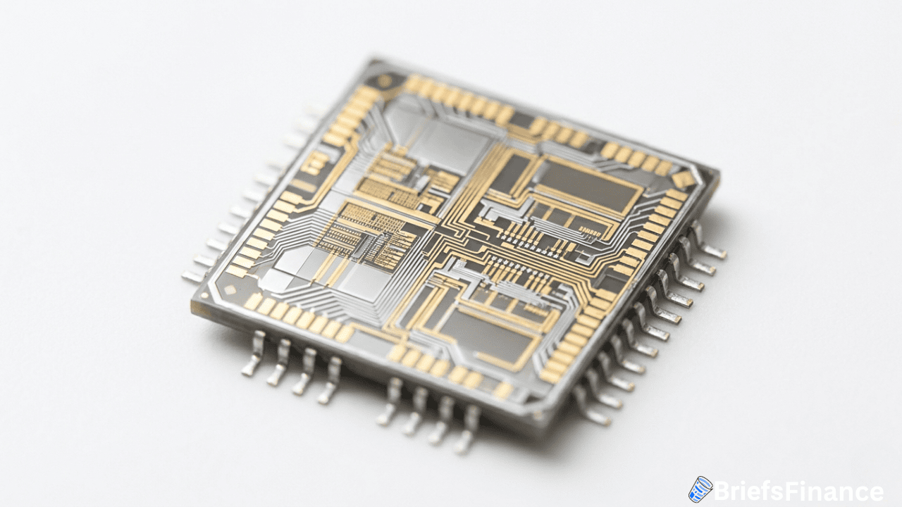 A close-up of a microchip with visible gold and silver circuitry, placed on a white surface. The BriefsFinance logo appears in the bottom right corner, highlighting recent AI chip deals involving Broadcom and Google.