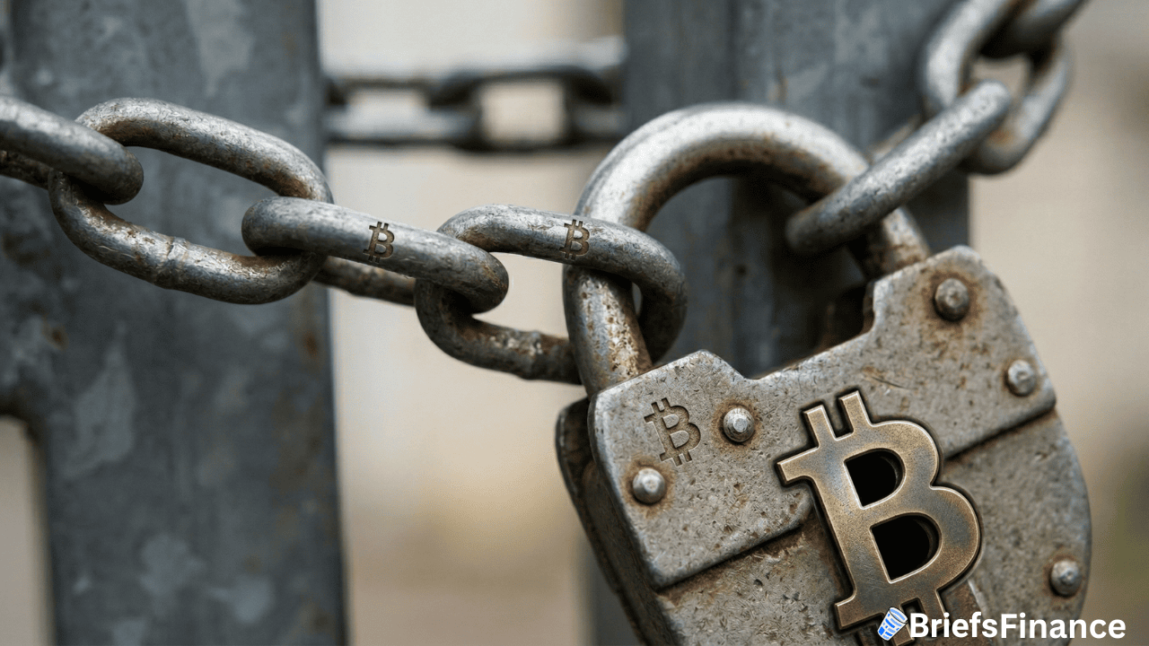 A close-up of a metal chain and padlock featuring the Bitcoin logo, symbolizing blockchain security or restriction, with the BriefsFinance logo in the corner.