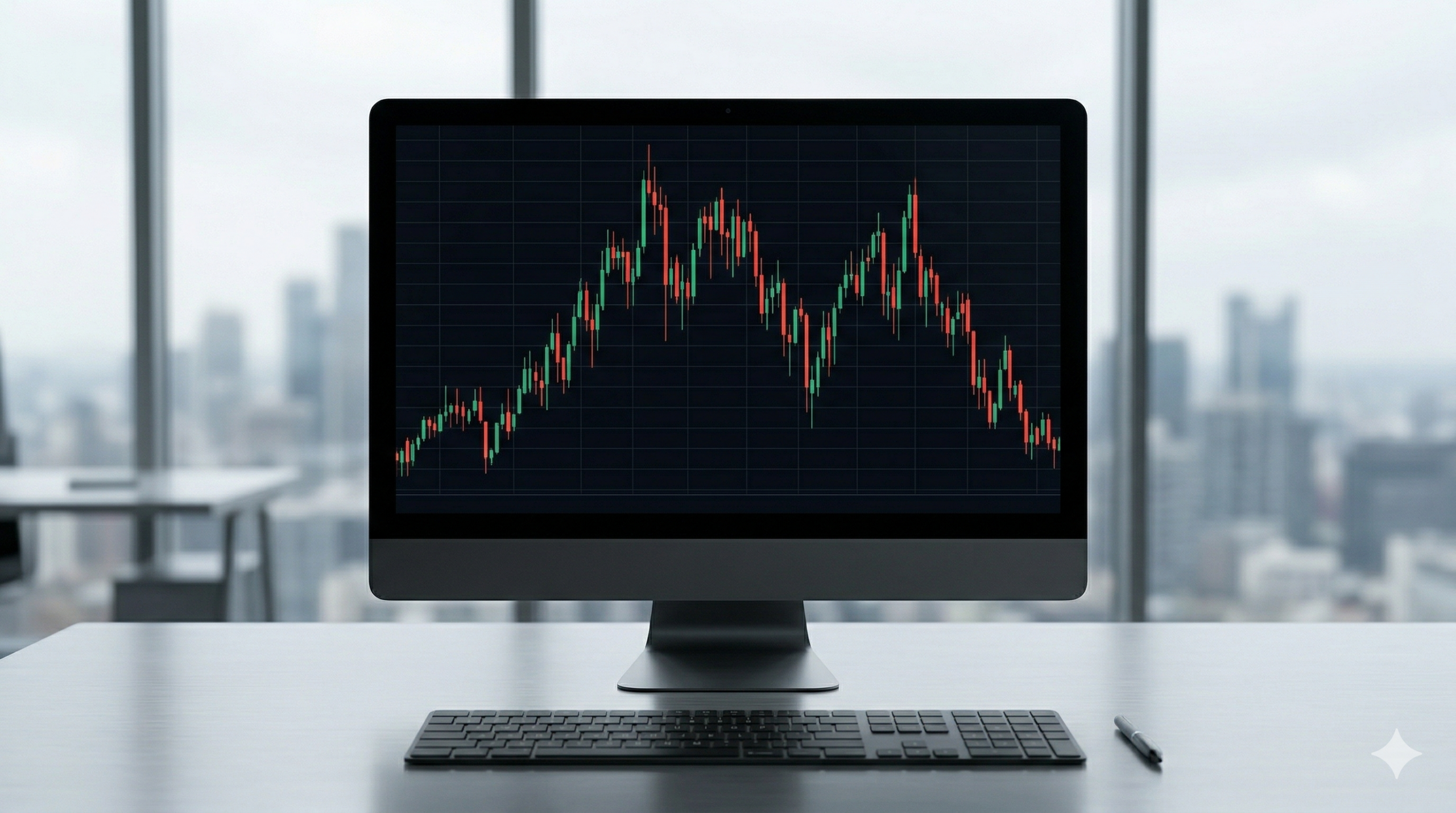 A desktop computer displays a candlestick chart with rising and falling trends, reflecting the economic impact of global events like the Iran War, in front of a large window overlooking a cityscape.