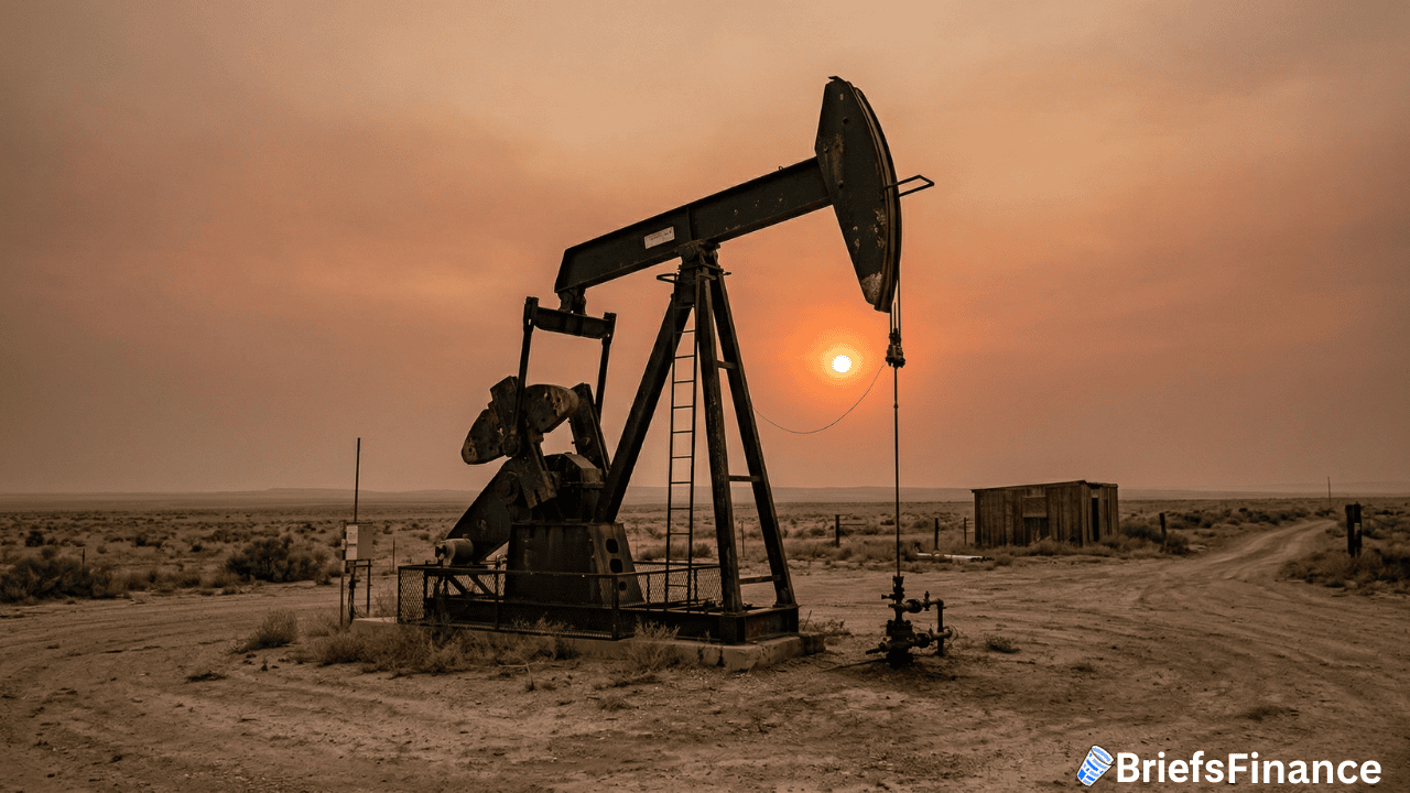 An oil pumpjack operates in a dry, open landscape at sunset under a hazy sky, reflecting concerns about global oil supply; a small building sits quietly in the background.