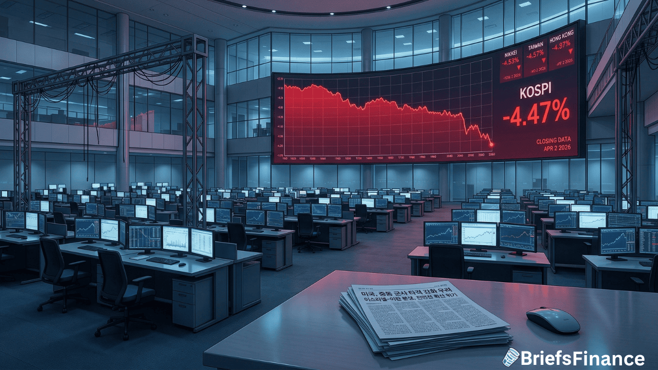 Large trading room with rows of desks and monitors, a big screen showing Korea's stock market KOSPI down 4.47%, and a newspaper on a desk in the foreground.