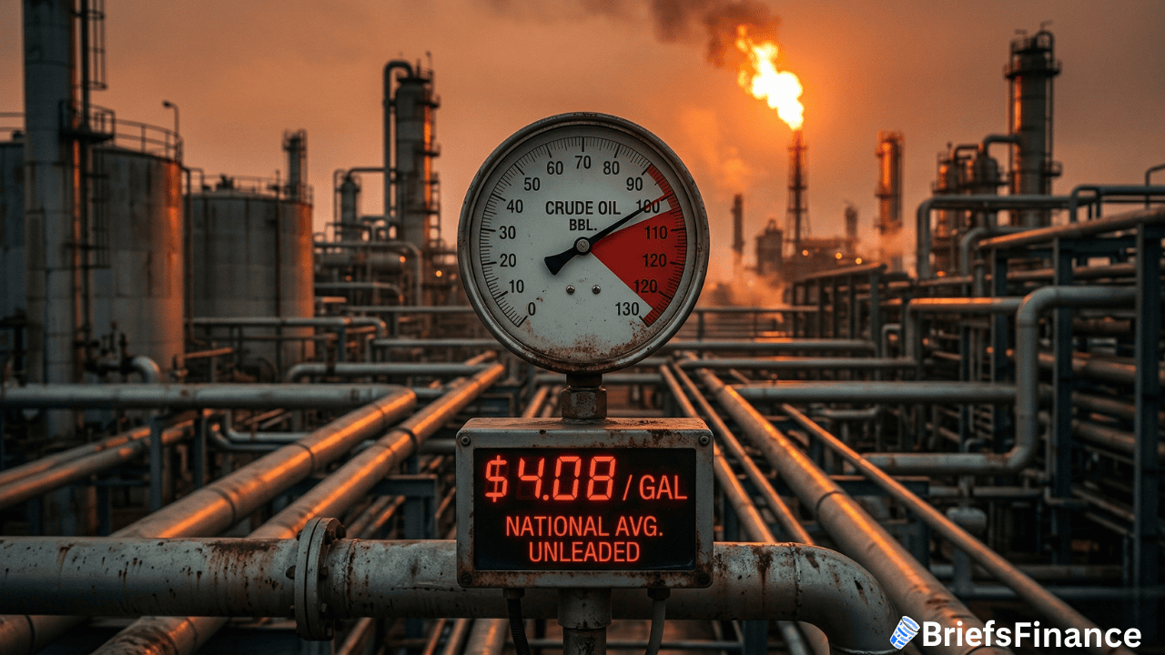 A pressure gauge labeled "Crude Oil" is shown at an oil refinery, with a digital sign displaying "$4.08/GAL National Avg. Unleaded," flames burning in the background—a stark illustration of rising oil prices.