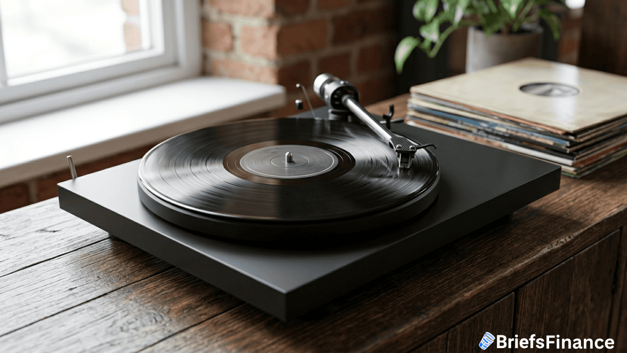 A modern black turntable playing a vinyl record sits on a wooden table near a stack of records, with a window and a plant in the background—evoking the timeless charm celebrated by Universal Music Group, valued at $64 Billion.